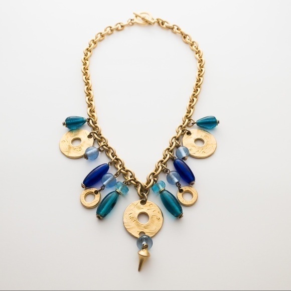 Chunky Gold Tone Charm Pendant Chain Necklace Blue Green Glass Deja Designs - Picture 7 of 13